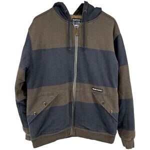 Burton Hoodie Jacket Sherpa Lined Full Zip Striped Colorblock Pocket Blue Tan M